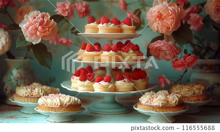 A three-tier plate with many cakes decorated with cream and raspberries, next to four plates with large cakes. 116555688