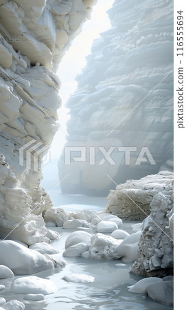 Mountains of white multi-layered stone around a river or bay with white stones. 116555694