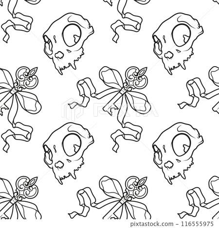 Vintage pattern with bow, ribbon, key, skull. Gothic background for Halloween Vintage pattern with bow, ribbon, key, skull. Gothic background for Halloween 116555975