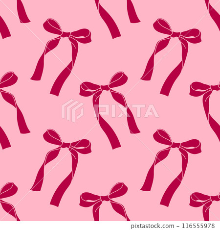 Pattern with ribbon bow. Ballet coquette core print. Hand drawn pink background Pattern with ribbon bow. Ballet coquette core print. Hand drawn pink background 116555978