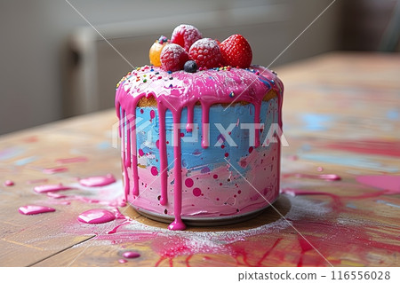Pink and blue frosted cake with sprinkles and fruit on top 116556028