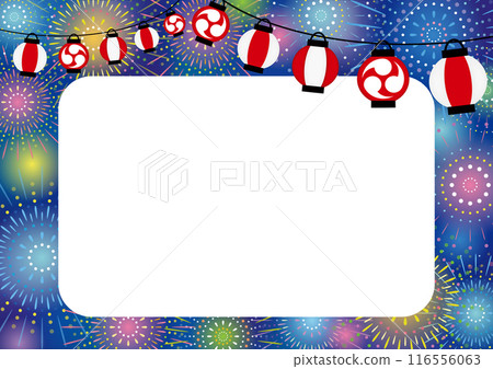 Summer festival illustration of night sky, lanterns and fireworks horizontal 116556063