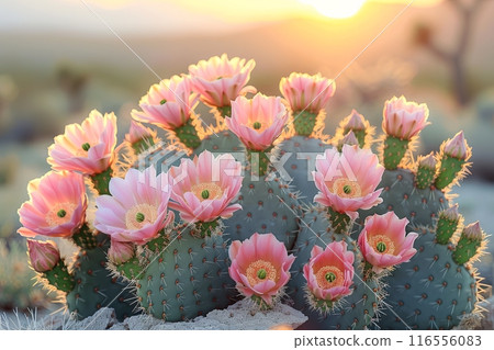 Group of pink prickly pear cactus flowers blooms in the desert 116556083
