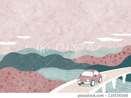 開車一邊看秋山 — 日式懷舊風景插畫 116556308