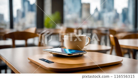 Coffee and a wireless smartphone charger on a cafe table 116556315