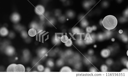 Abstract black and white glowing background with flying balls circles atoms molecules particles energy bubbles 116556351