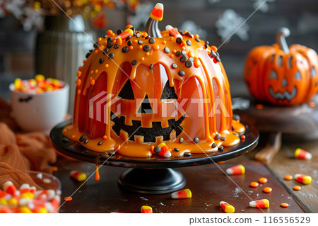 Halloween cake shaped like a jack-o-lantern, adorned with vibrant orange icing and decorated with candy corn and chocolate bits. 116556529