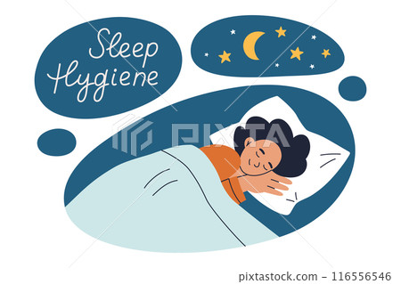 Sleep hygiene vector illustration, woman sleeping under blanket, night sky with moon and stars. Cozy bedtime routine, wellness, and self care. Cartoon style composition with hand lettering 116556546