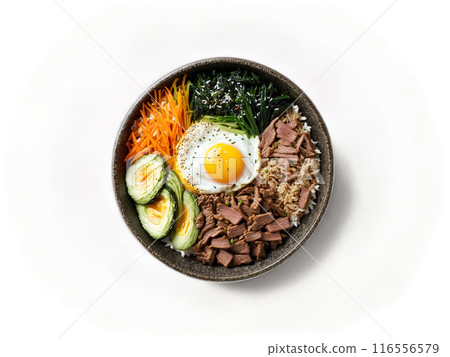 Bibimbap with rice vegetables beef and egg 116556579