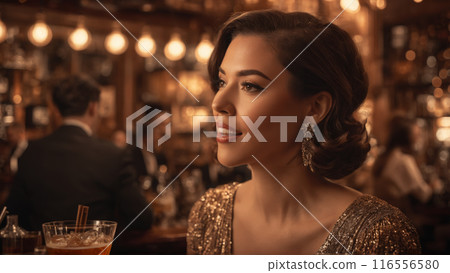 Excited woman discovering a hidden speakeasy vintage cocktails clinking jazz music notes floating warm sepia 116556580