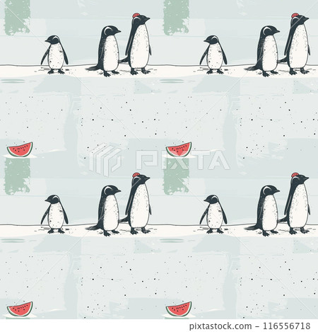 企鵝和西瓜在流冰上行走的圖案插圖 116556718