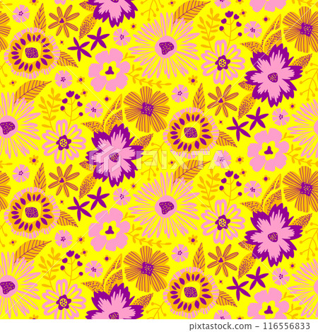 Floral Seamless Half Drop Pattern with Fantasy Leaves and Flowers in Yellow, Pink and Purple. Repeat Wallpaper Print Texture for Scrapbooking Craft Paper, Textile, Fabric, Gift Wraps, Package Design. 116556833