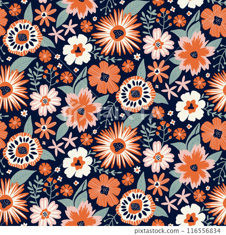 Floral Seamless Pattern in Contemporary Flat Style six colors orange, green, white, pink, navy blue. Repeat Wallpaper Print Texture. Perfectly for Wrapping Paper, Textile, Fabric, Decor Ornament. 116556834