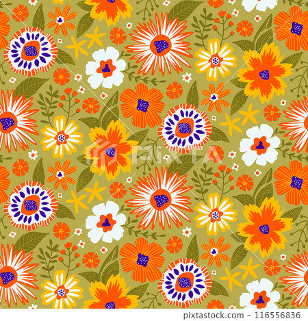 Floral Seamless Half Drop Pattern of Fantasy Flowers in Olive, Yellow, Orange, Purple, White. Repeat Wallpaper Print Texture. Perfectly for Scrapbook Craft Paper, Textile, Fabric, Gift Wraps. Floral Seamless Half Drop Pattern of Fantasy Flowers in Olive, Yellow, Orange, Purple, White. Repeat Wallpaper Print Texture. Perfectly for Scrapbook Craft Paper, Textile, Fabric, Gift Wraps. 116556836