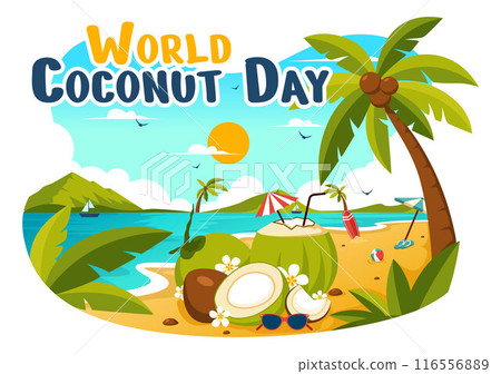 World Coconut Day Vector Illustration on September 2nd featuring Flowers, Tropical Leaves, and a Beach Background in Flat Style Cartoon Design 116556889