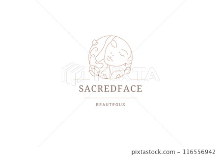 Romantic gentle woman face with blossom flower circle line logo design template vector illustration 116556942