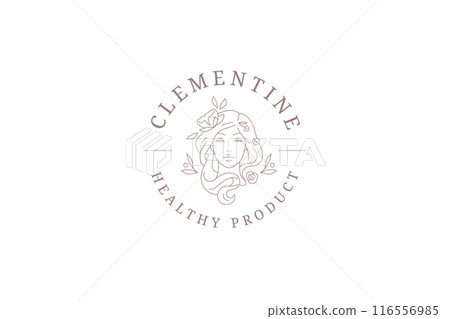 Botanical blossom young woman face circle outline logo design template vector illustration 116556985