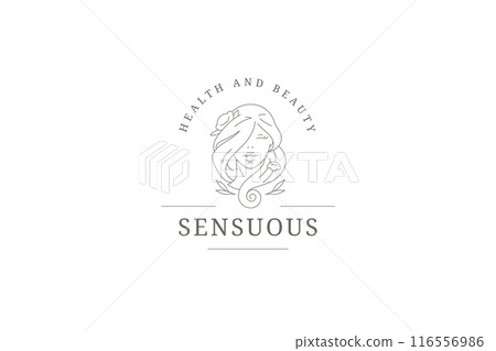 Romantic beautiful woman with flower in hair outline logo design template vector illustration Romantic beautiful woman with flower in hair outline logo design template vector illustration 116556986