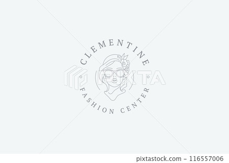 Fashion botanical woman in sunglasses outline logo design template vector illustration 116557006