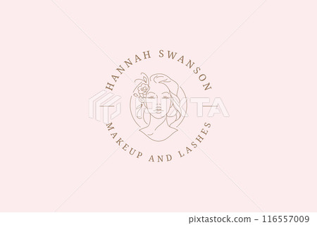 Beautiful romantic woman face with flowers circle line logo design template vector illustration Beautiful romantic woman face with flowers circle line logo design template vector illustration 116557009