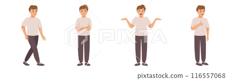 Man Character in Casual Wear Standing with Different Gesture and Emotion Vector Illustration Set Man Character in Casual Wear Standing with Different Gesture and Emotion Vector Illustration Set 116557068