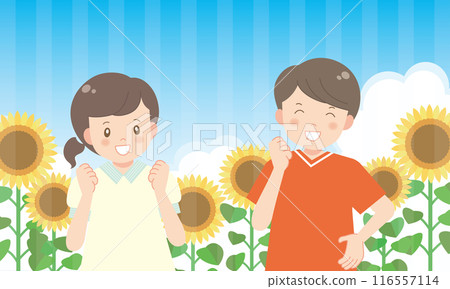 Smiling children surrounded by sunflowers Smiling children surrounded by sunflowers 116557114