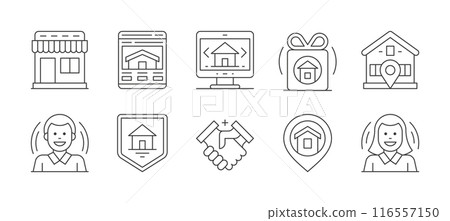 Real estate agency customer realtor deal gift box protection thin line art icons set vector Real estate agency customer realtor deal gift box protection thin line art icons set vector 116557150