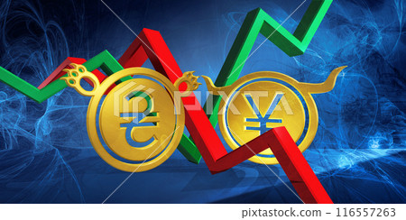 foreign exchange market of japanese yen or chinese yuan to ukrainian hryvnia 3d illustration. money represented as golden coins. bullish jpy or cny to bearish uah currency 116557263