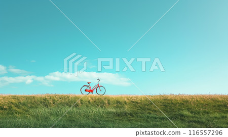 A simple background of sky, a bank, and a red bicycle. AI-generated image. 116557296