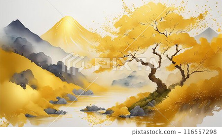 日本畫山松山水墨畫水彩金筆藝術日本紙背景資料 116557298