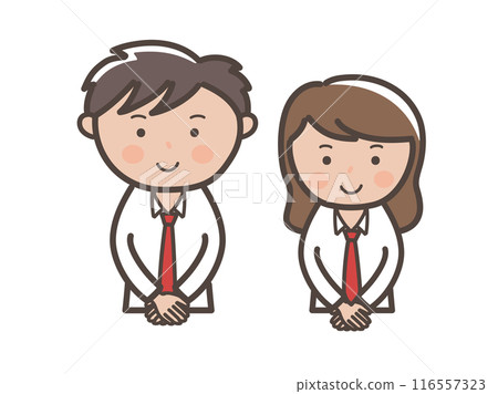 Upper body illustration of a cute high school couple in uniforms holding hands in front of each other Upper body illustration of a cute high school couple in uniforms holding hands in front of each other 116557323