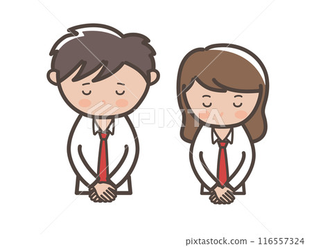 一對穿著制服的可愛男女高中夫婦低頭道歉的上半身插圖 116557324