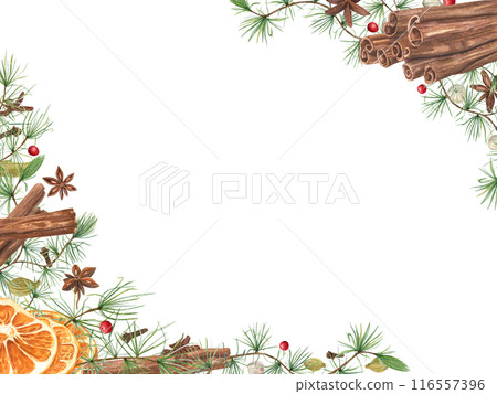 Aromatic winter dried spice among evergreen branch. Cinnamon sticks, orange slice, allspices, anise and clove. Horizontal frame with empty space for text. Watercolor illustration of punch ingredients 116557396