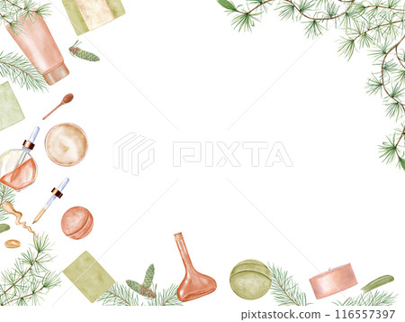 Face cream, serum, oil, soap and aromatic candle among evergreens and cones. Organic waterless self care and toxin free products. Watercolor illustration. Horizontal frame with copy space for text 116557397