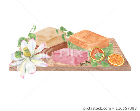 Natural soap bars for cosmetics for skin, body and hair care. Ingredients on wooden board. Colored aromatic soaps among lotus flowers, greenery and dried orange slices. Watercolor illustration 116557398