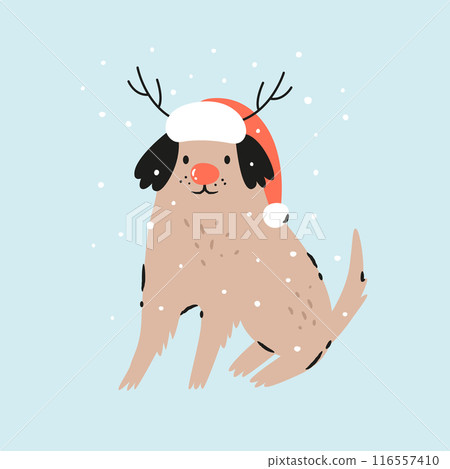 Holiday Christmas card with a funny Rudolph dog in a Santa hat and deer horns 116557410