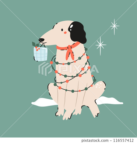 Holiday Christmas card with a funny dog wrapped with garland 116557412