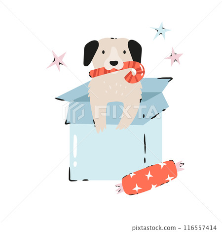 Holiday Christmas card with funny dog sitting in gift box Holiday Christmas card with funny dog sitting in gift box 116557414