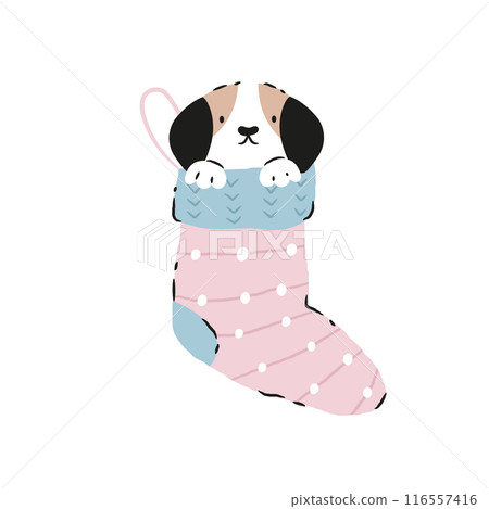 Vector illustration of a funny dog, puppy sitting in a Christmas socks Vector illustration of a funny dog, puppy sitting in a Christmas socks 116557416
