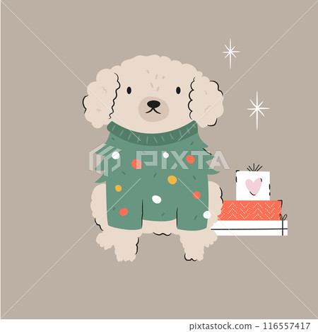 Holiday Christmas card with funny dog in a knitted sweater and gift boxes Holiday Christmas card with funny dog in a knitted sweater and gift boxes 116557417