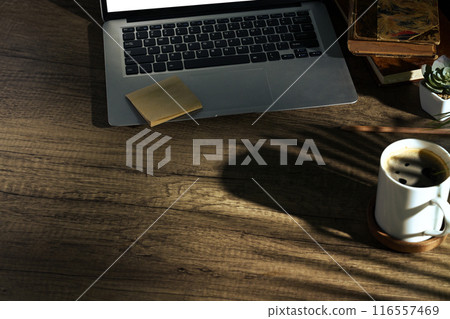 Laptop, books and cup of coffee on wooden table with morning sunlight 116557469