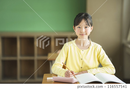 Portrait of an elementary school girl sitting in a classroom 116557541