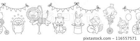 Seamless border with outline cute circus animals. Vintage characters for kids and nursery Seamless border with outline cute circus animals. Vintage characters for kids and nursery 116557571