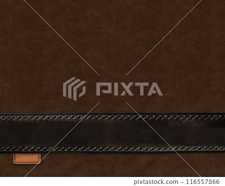 Horizontal or vertical leather background of dark brown colors, decorative strips of leather trim and blank tag. Decorative backdrop with cowhide texture and leather label. Copy space for text 116557866