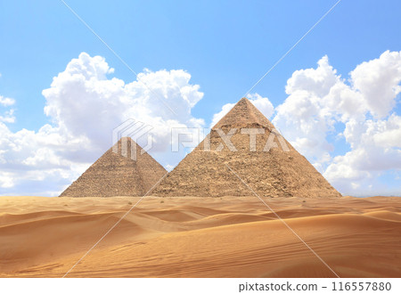 Famous Great Pyramids of Chephren and Cheops, Cairo, Egypt. Two of the three Great Pyramids, Giza pyramid complex (Giza Necropolis) 116557880