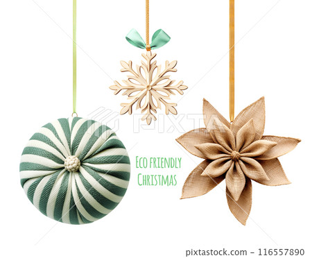 Eco friendly Christmas. Homemade Christmas ornaments made of natural biodegradable materials. Ecology, environmental conservation, zero waste concept. Isolated on white background 116557890