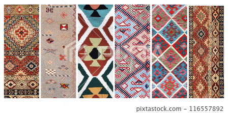 Set of vertical or horizontal banners with textures of berber traditional wool carpet with geometric pattern, Morocco, Africa Set of vertical or horizontal banners with textures of berber traditional wool carpet with geometric pattern, Morocco, Africa 116557892