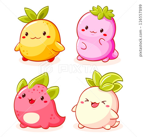 Set of kawaii characters. Little monsters in various poses. Collection of funny happy baby monster. Cute fairytale collection. Vector illustration EPS8 Set of kawaii characters. Little monsters in various poses. Collection of funny happy baby monster. Cute fairytale collection. Vector illustration EPS8 116557899