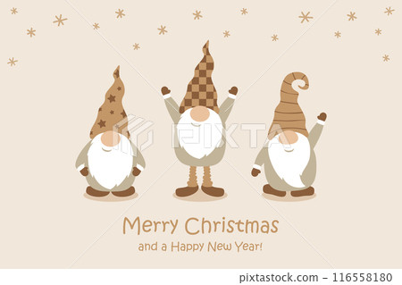 christmas greeting card with cute christmas dwarf in winter vector illustration 116558180