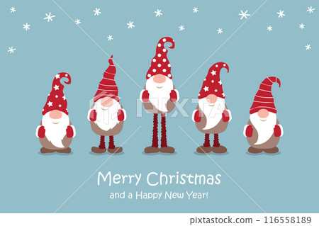christmas greeting card with cute christmas dwarf in winter vector illustration 116558189